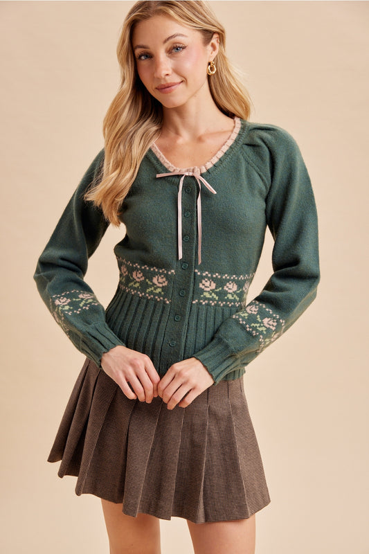 Cottage Green Floral Knitted Sweater Top
