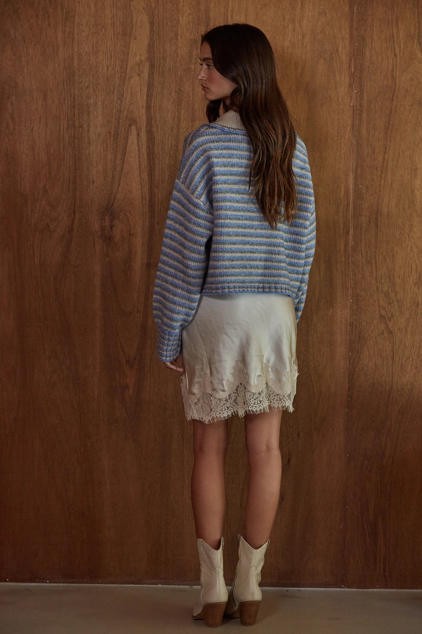 Taupe Blue Knit Sweater Striped Collar Neck Cardigan