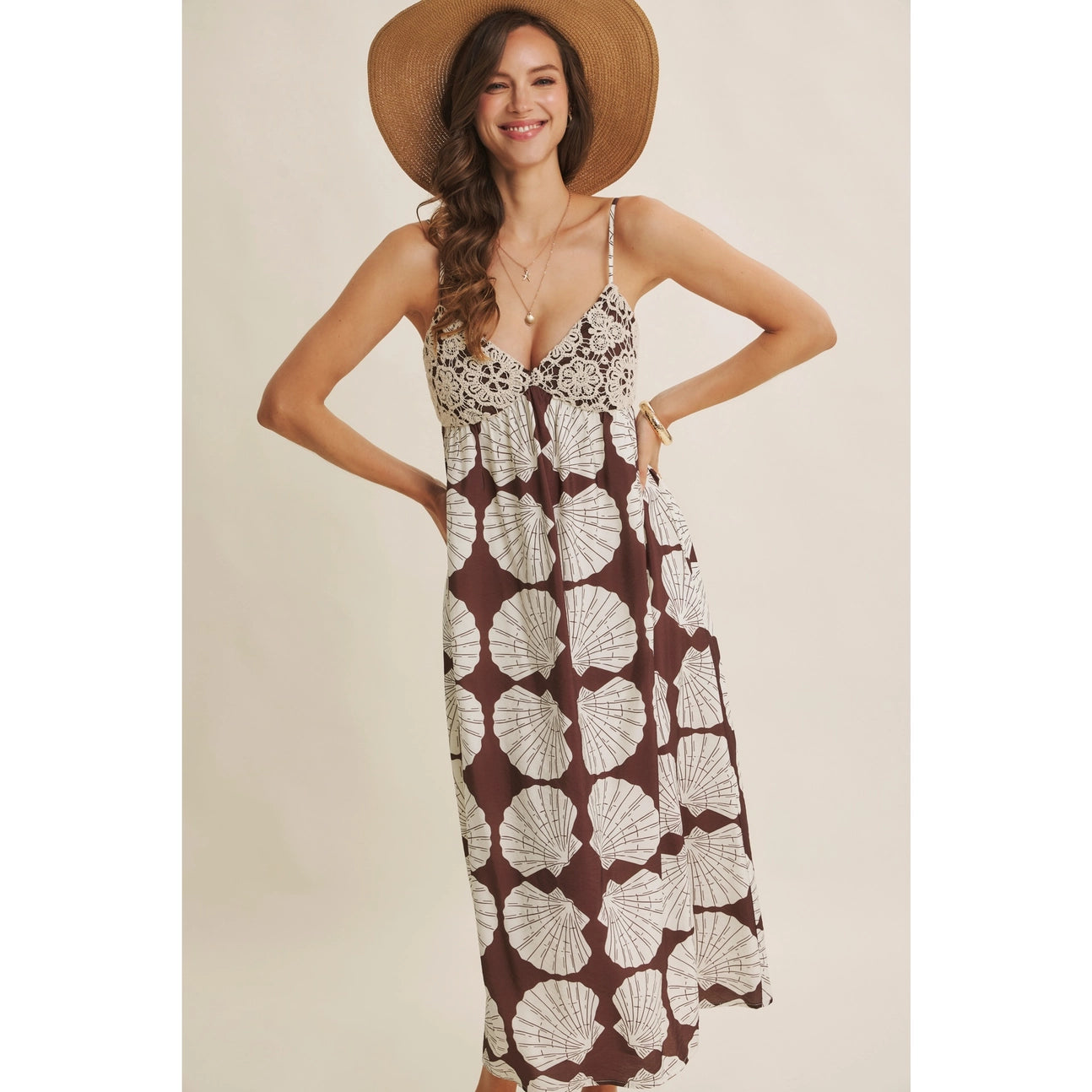 Coastal Breeze Earthy Aesthetic Seashell Midi with Crochet