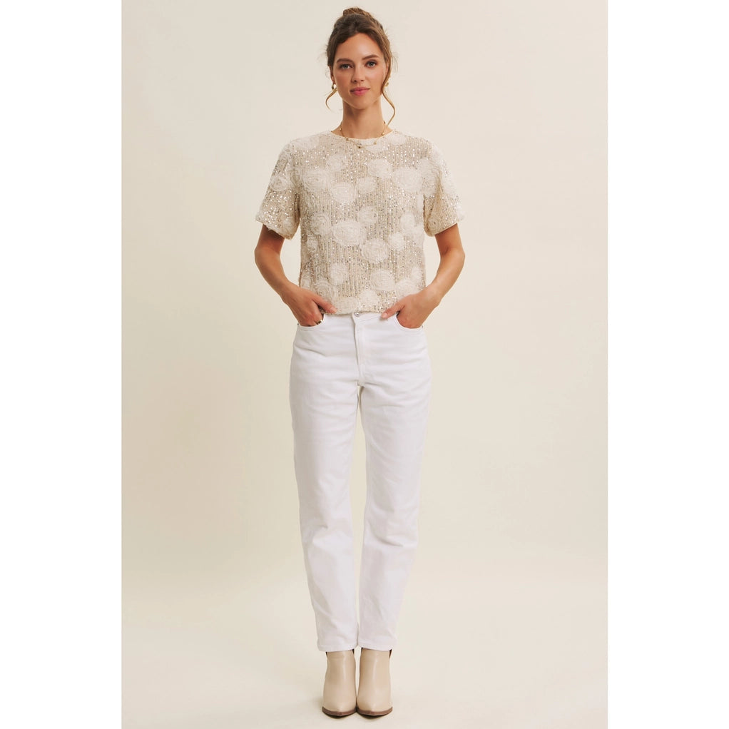 Light-Catching Elevated Shine Sequin 3D Floral Oversized Top