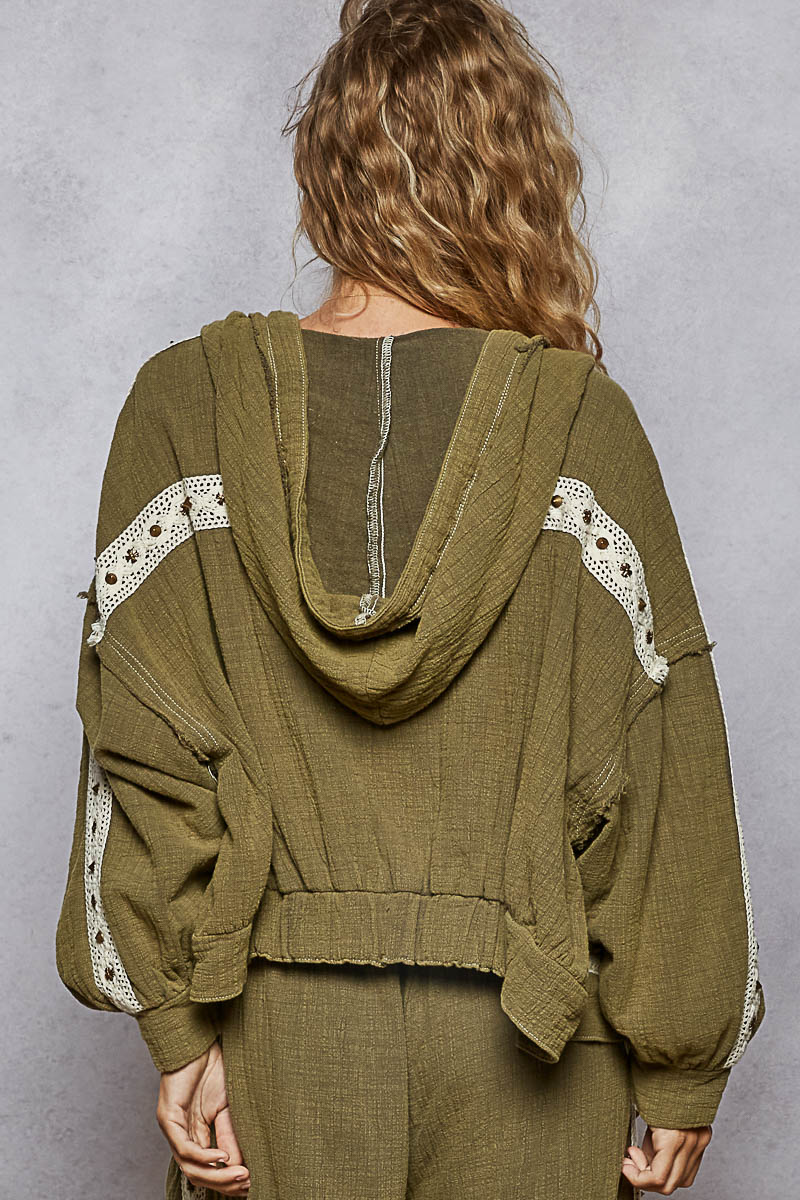Vintage Olive Double Gauze Stud Detail Hoodie Jacket
