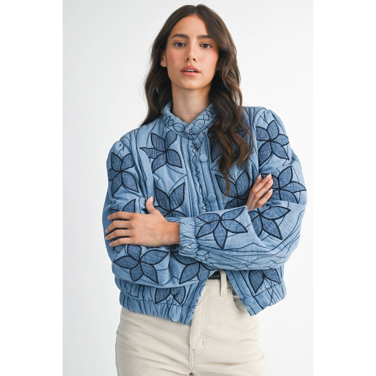 Washed Blue Embroidered Quilted Bomber Stitching Jacket