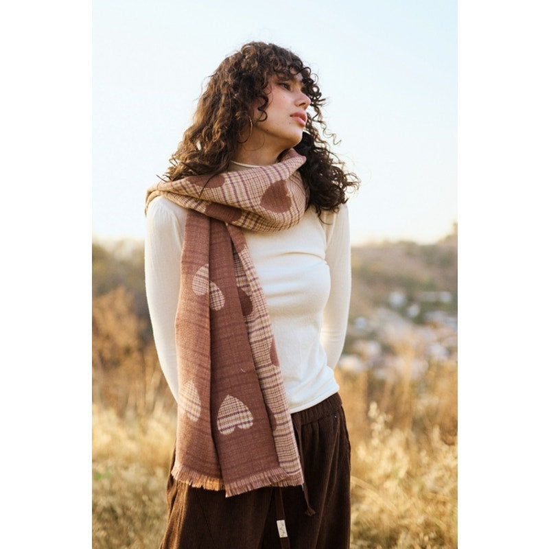 Brown Heart Print Plaid Scarf with Raw Edge