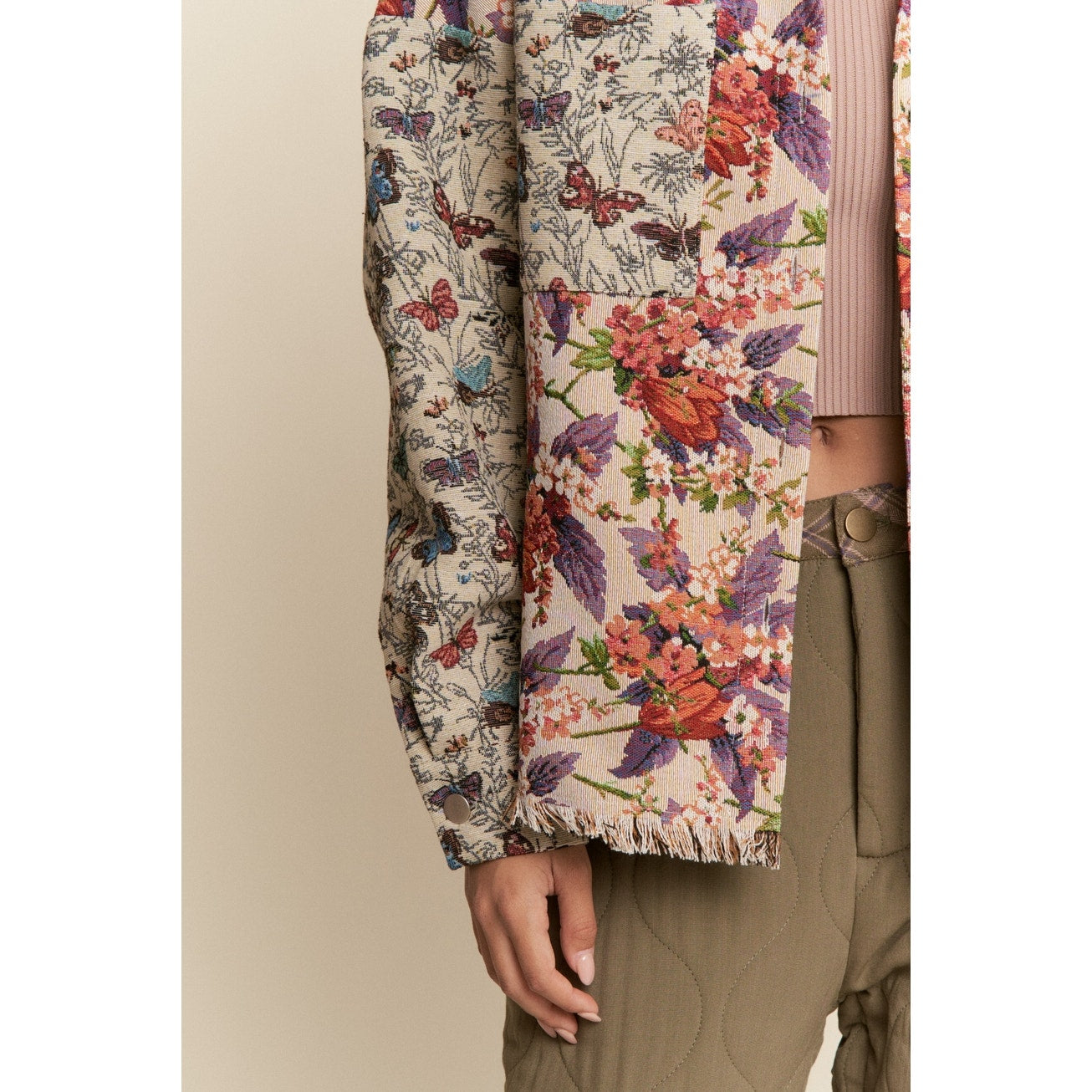 Violet Copper Butterfly and Floral Print Button Down Jacket