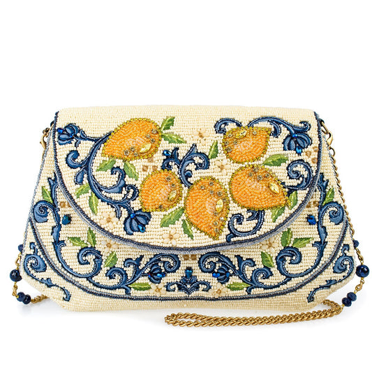 Mary Frances Capri Lemons Yellow and Blue Beaded Crossbody Handbag