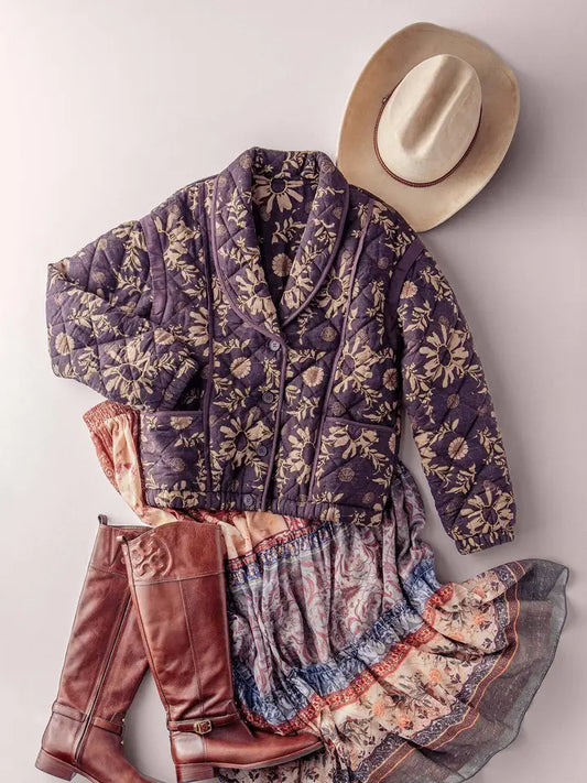 Quilted Floral Shawl Collar Jacket