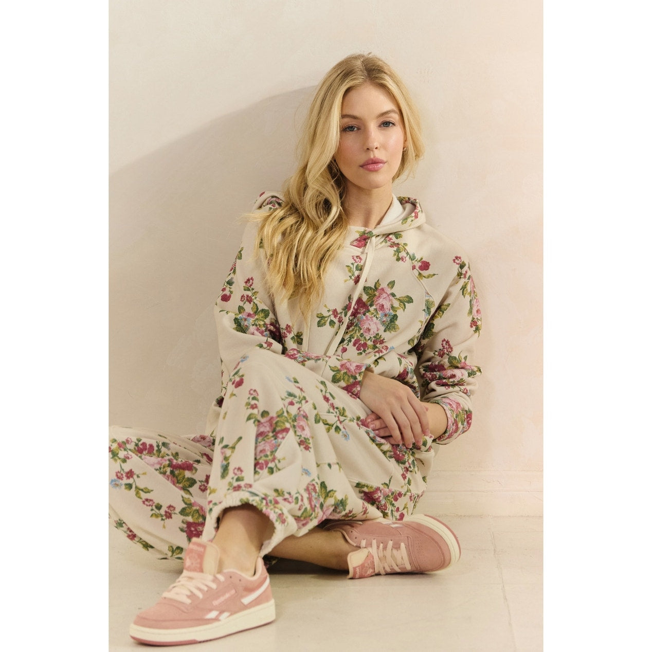 Beige Floral Printed French Terry Hoodie