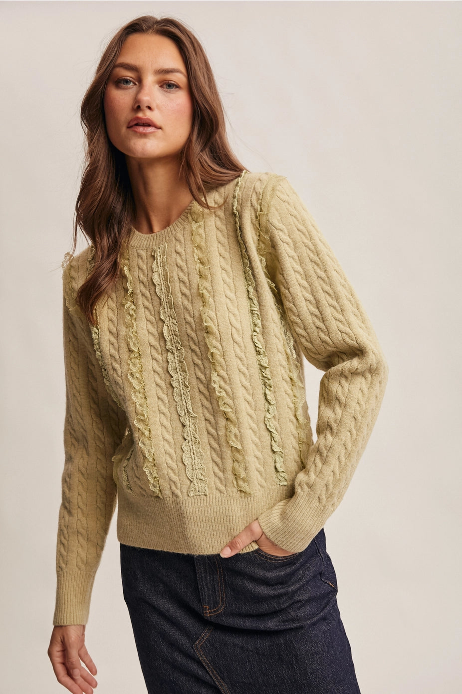 Matcha Lace Trim Cable Knit Pullover