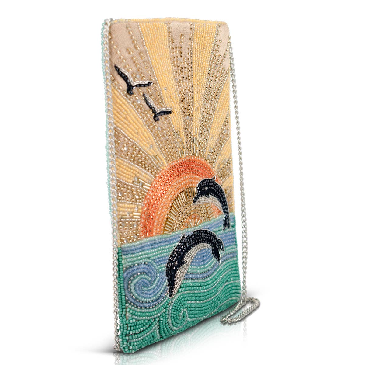 Mary Frances Flip For Joy Sunset and Dolphins Beaded Crossbody Phone Bag