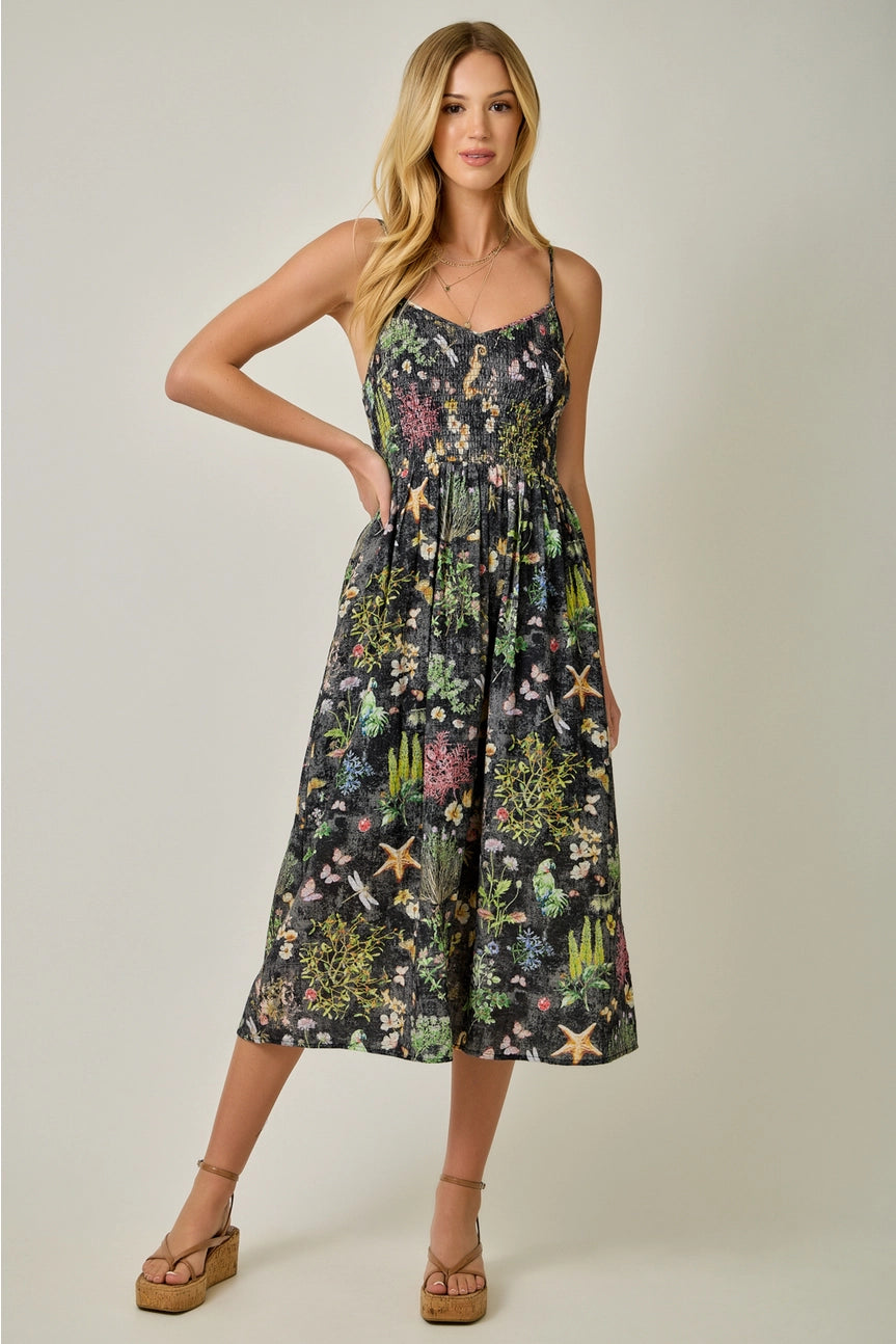 Black Printed Double Gauze Smock Dress