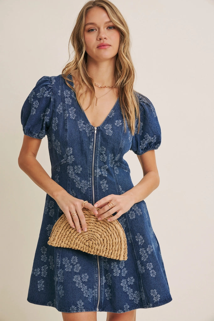 Mineral-Washed Floral Denim Fit and Flare Mini