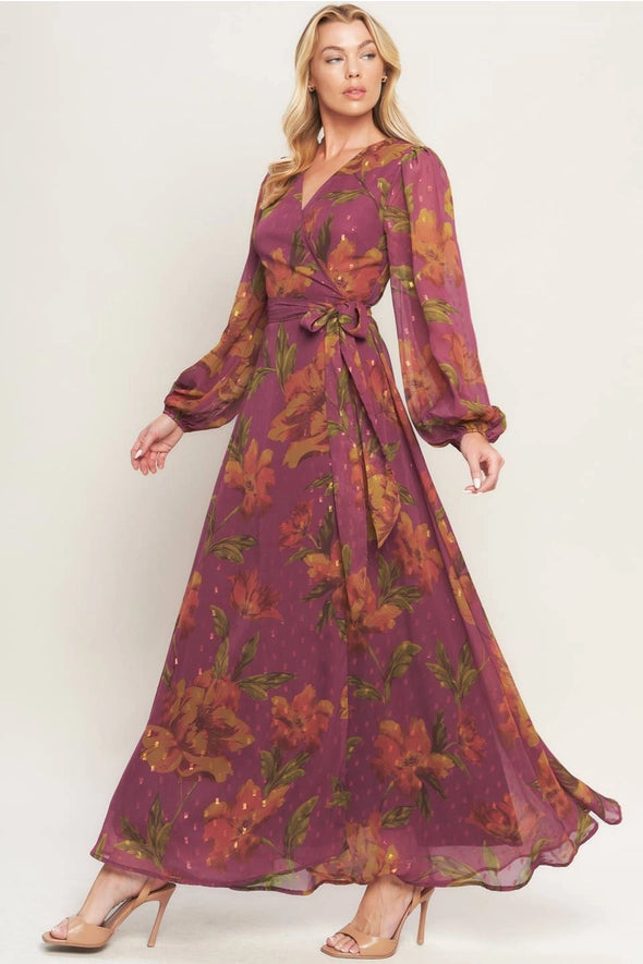 Dark Mauve Textured Floral Wrap Maxi Dress