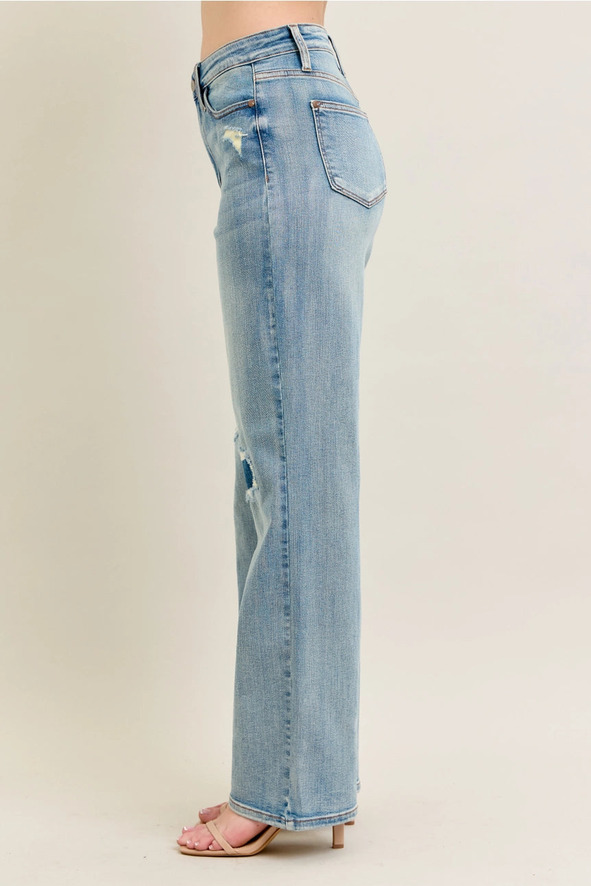 High Waisted Distressed & Knee Patch Straight Jeans