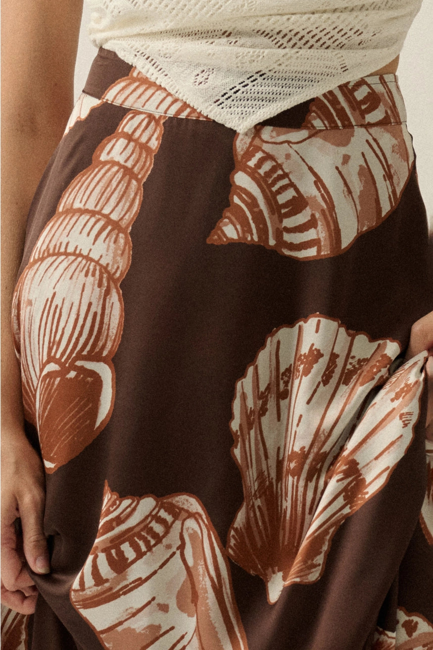 Seashell-Print Satin A-Line Maxi Skirt