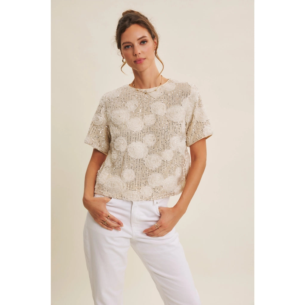 Light-Catching Elevated Shine Sequin 3D Floral Oversized Top