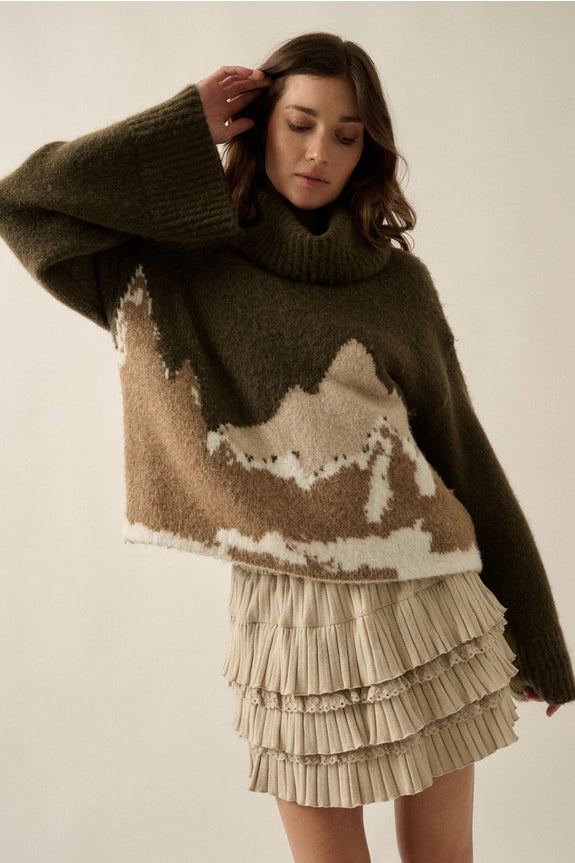 Olive Taupe Mountains Fuzzy Jacquard-Knit Turtleneck Sweater