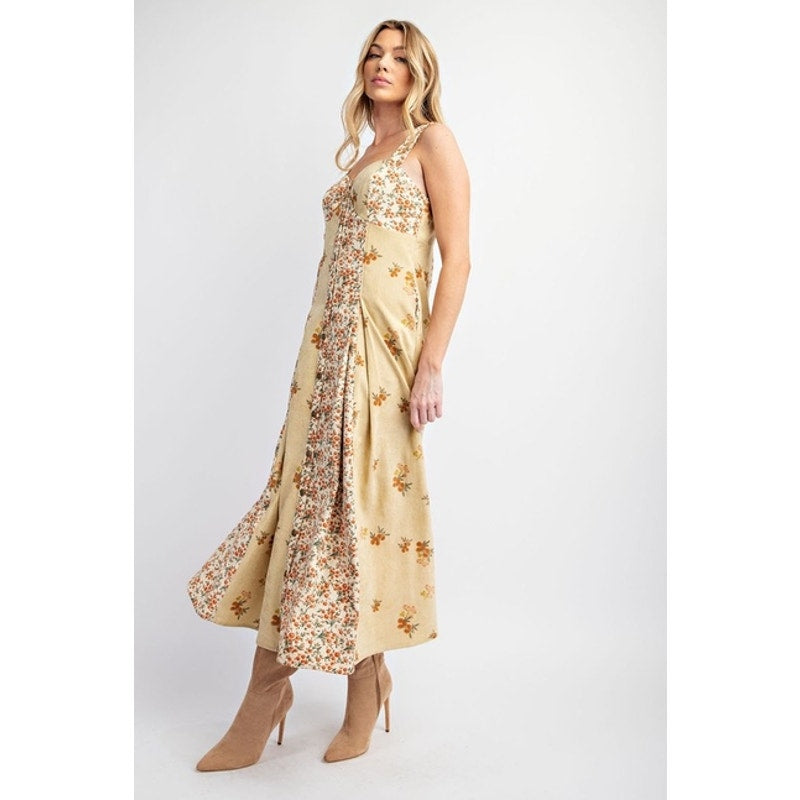 Golden Sand Floral Corduroy Midi Dress