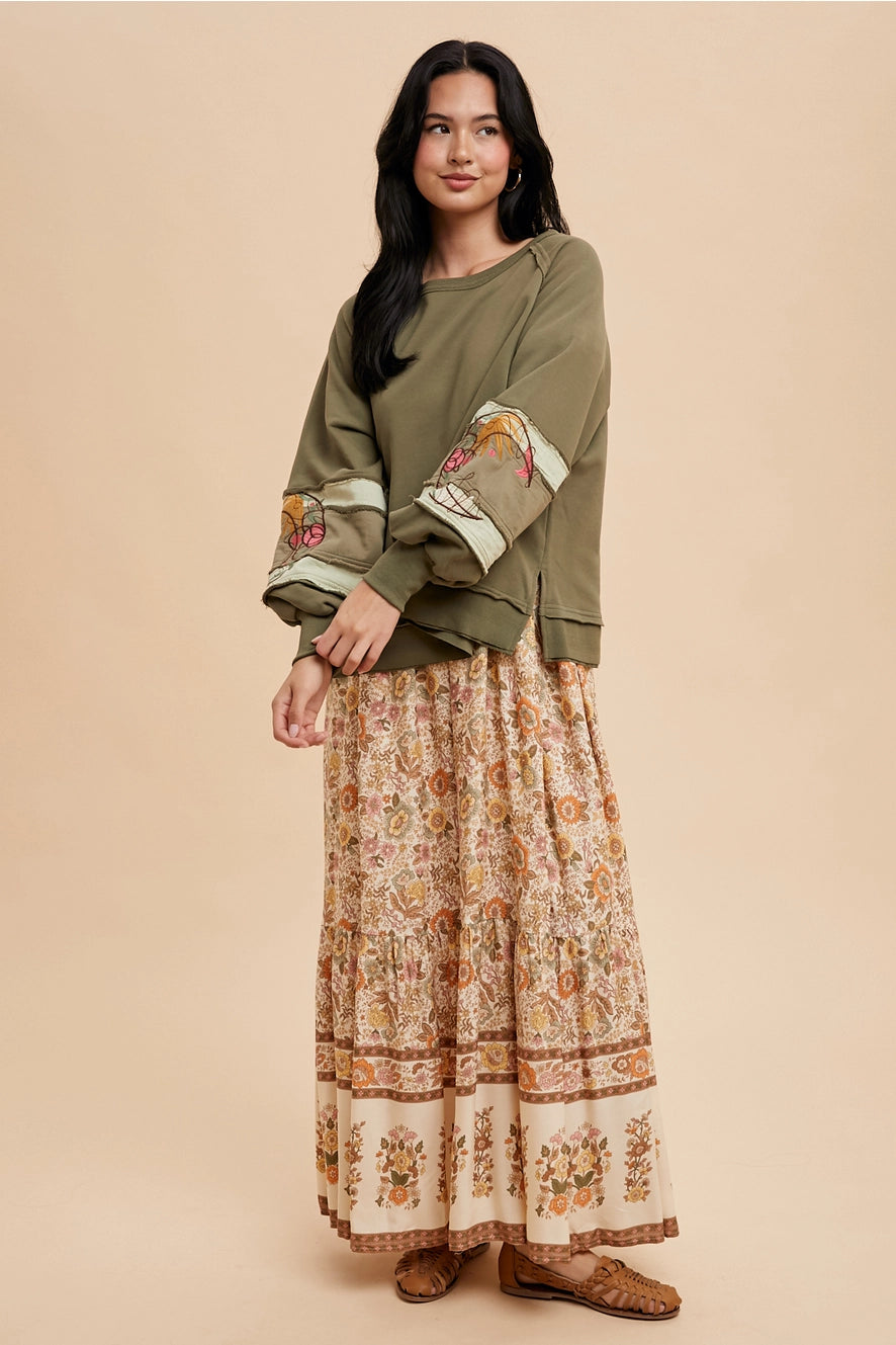 Garment Washed Embroidered Sleeve Pullover