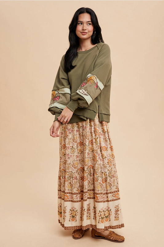 Garment Washed Embroidered Sleeve Pullover