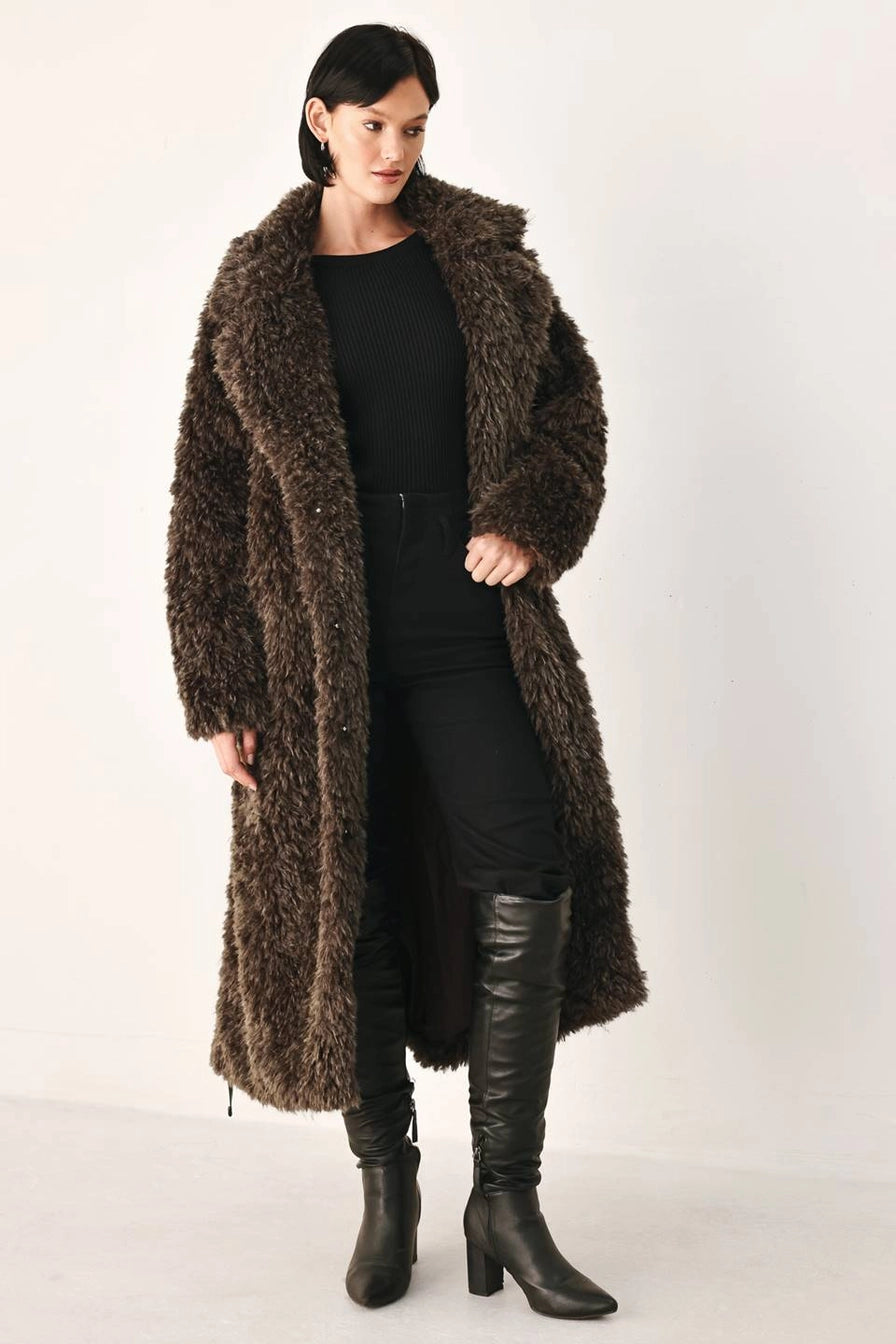 Brown Faux Fur Midi Coat