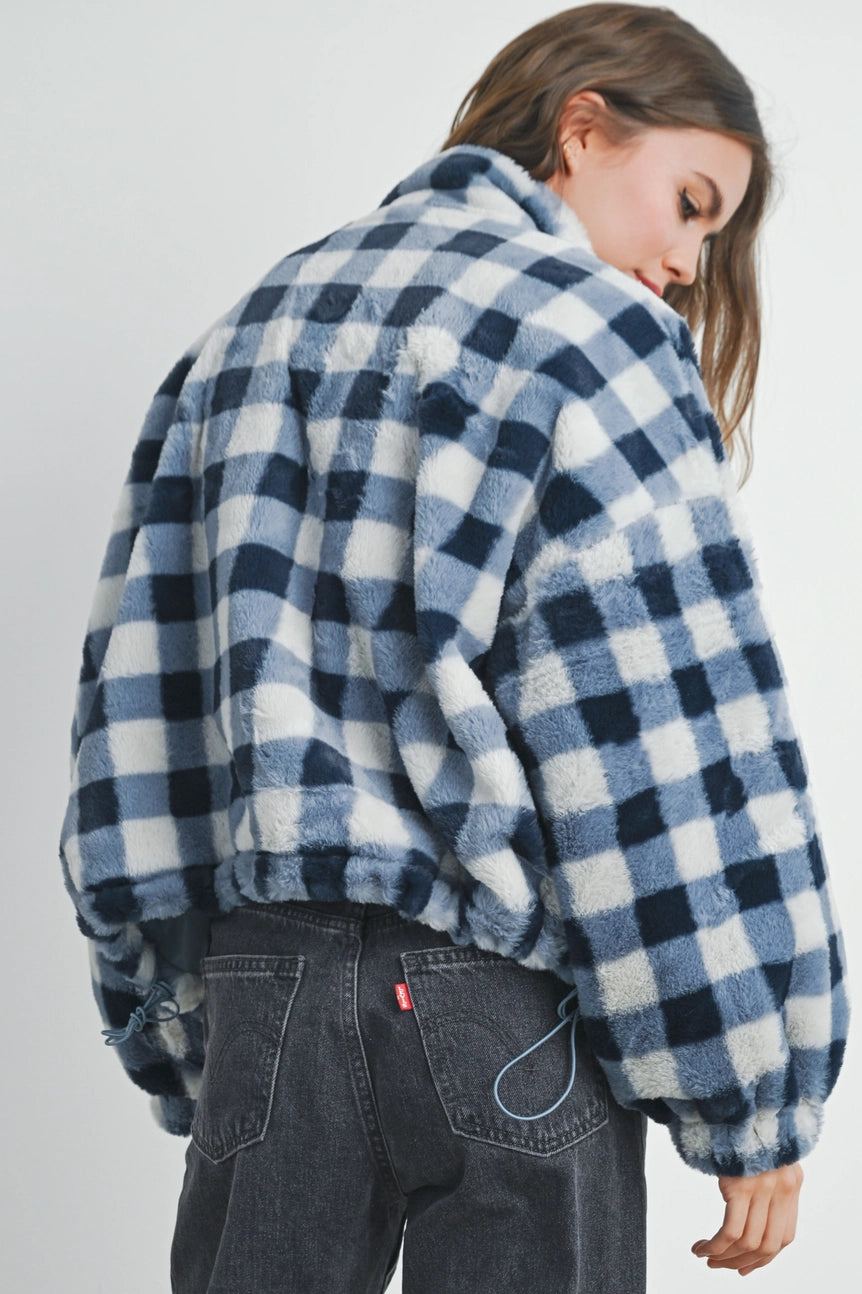 Picnic Drop Shoulder Plaid Fuzzy Jacket