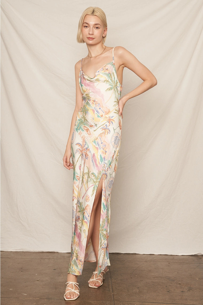 Beachy Print Sleeveless Cowl Neck Maxi Dress