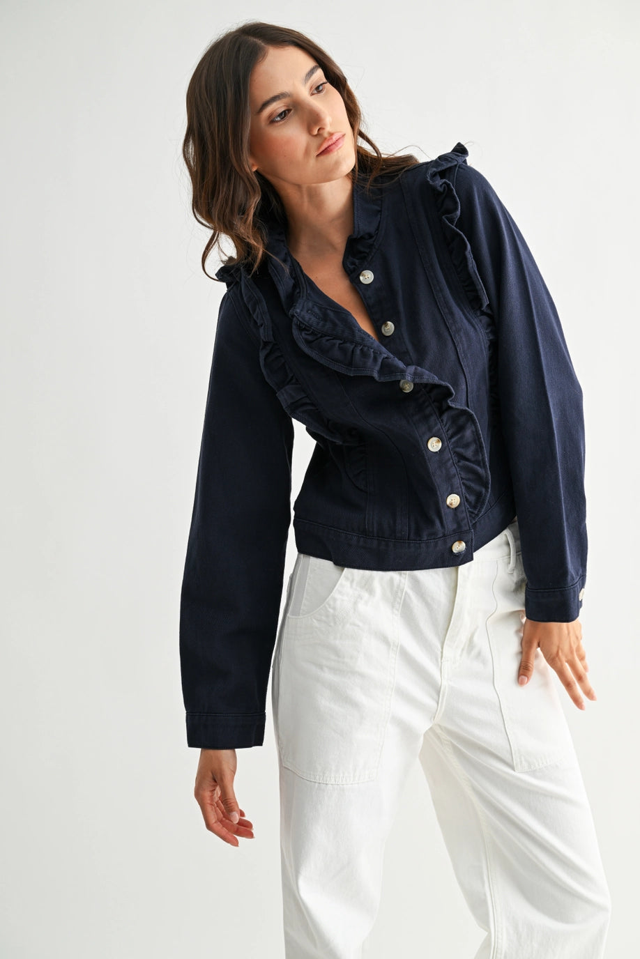 Navy Ruffled Button-Up Denim Jacket