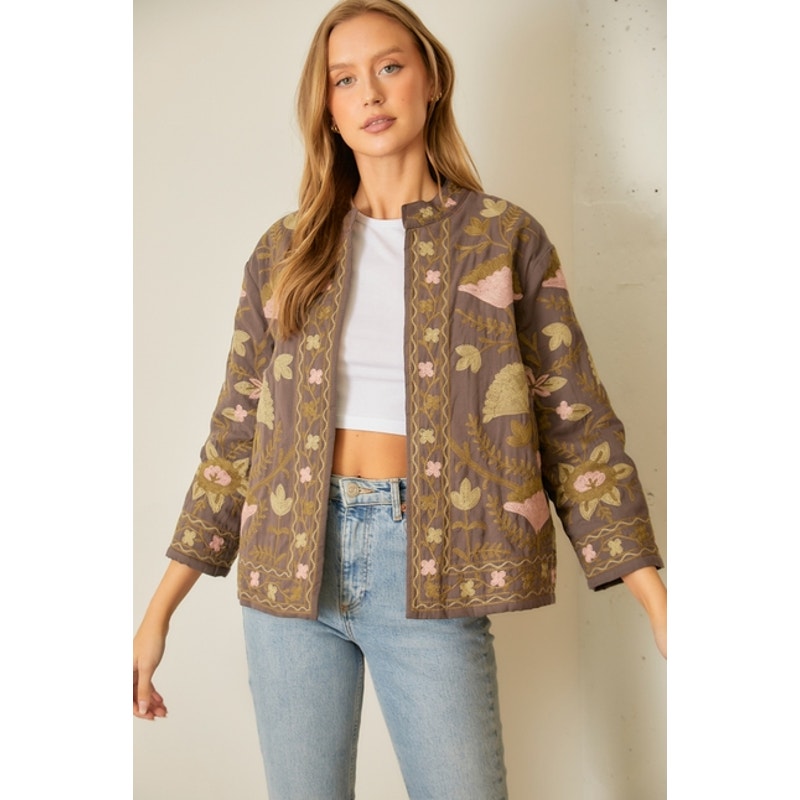 Charcoal Floral Printed Cotton Embroidered Jacket