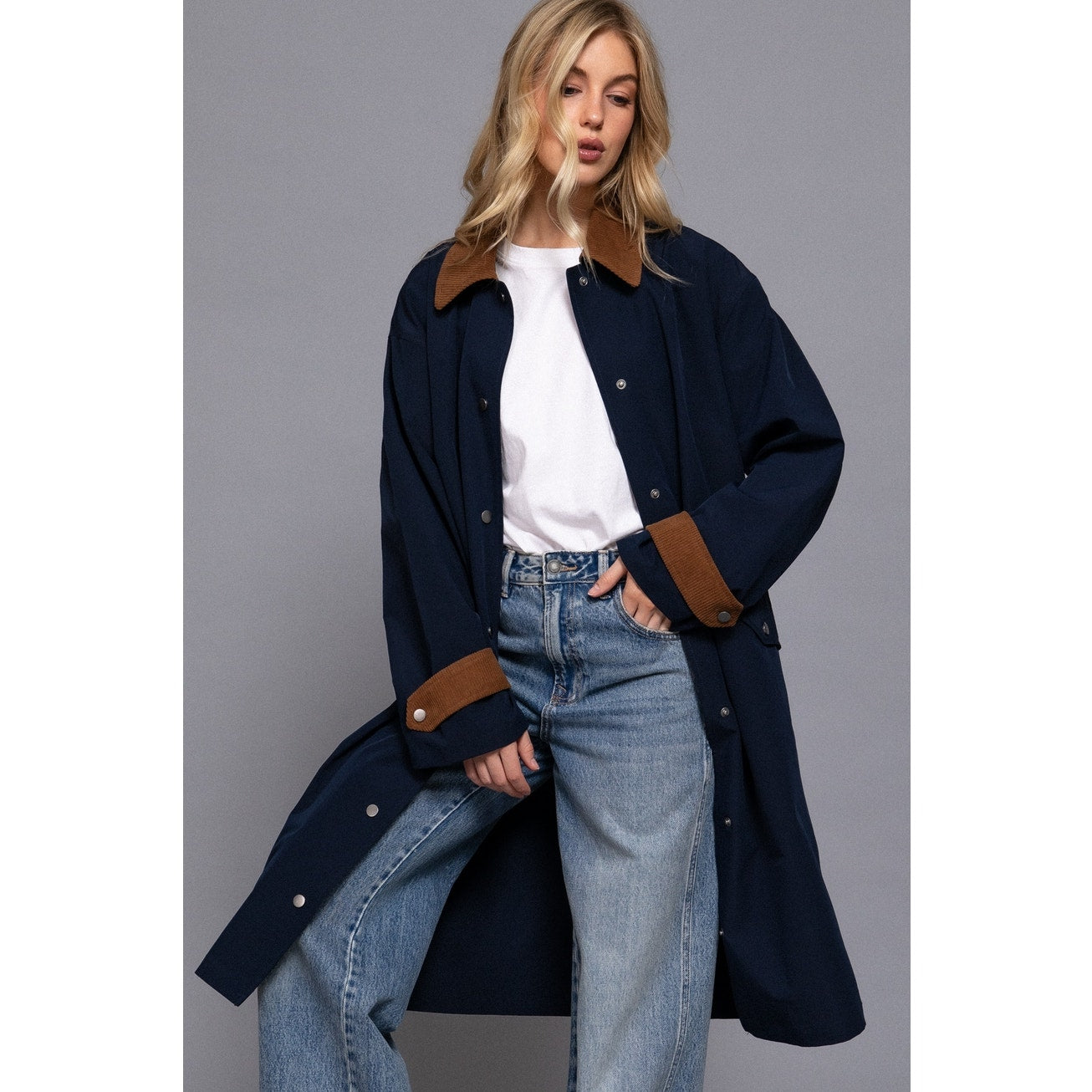 Navy Contrast Collar Button Down Long Trench Coat