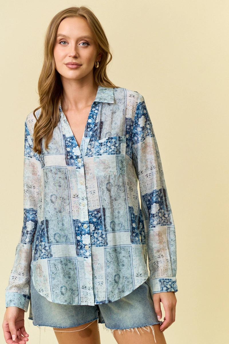 Blue Floral Button Down Shirt