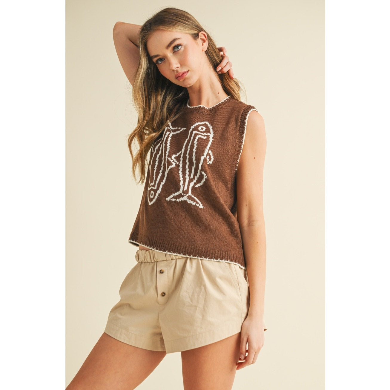 Brown & Cream Fish Printed Sleeveless Sweater Top