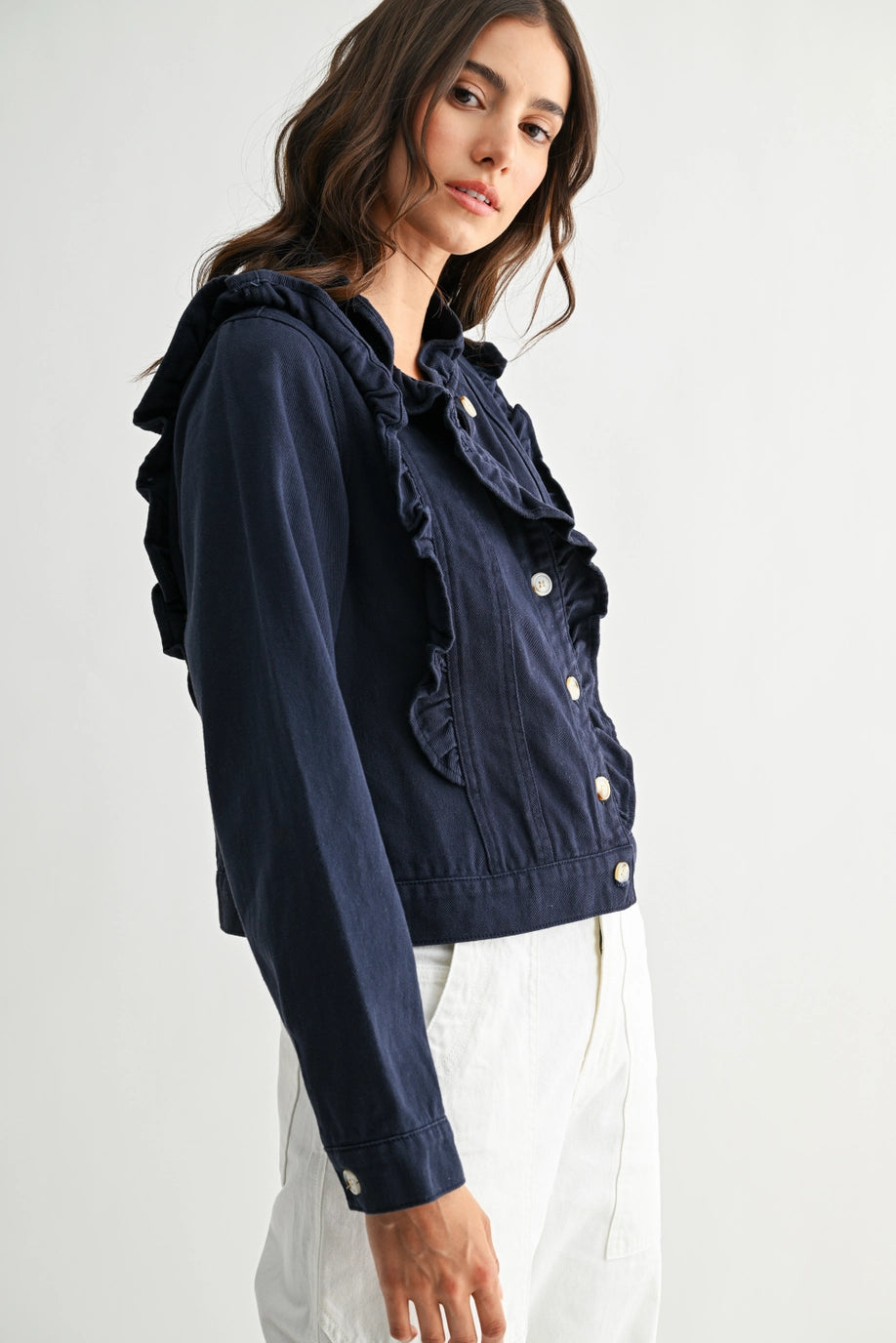 Navy Ruffled Button-Up Denim Jacket