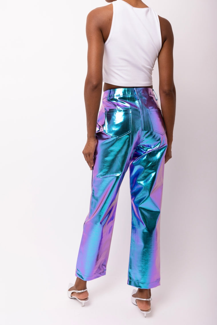 Amy Lynn Lupe Mid Rise Straight Faux Leather Metallic Trouser in Ombre