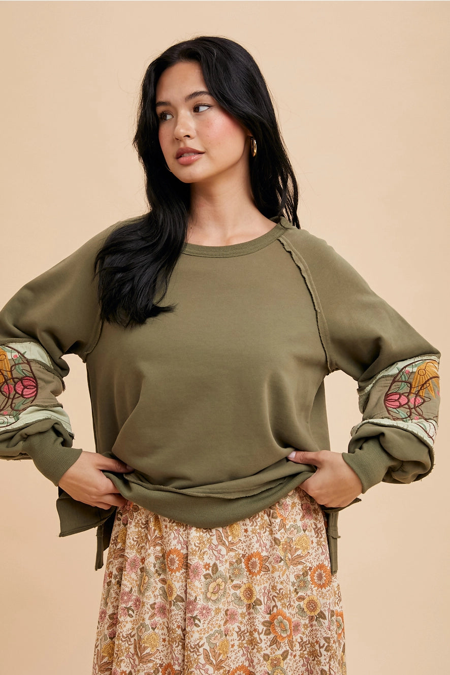 Garment Washed Embroidered Sleeve Pullover