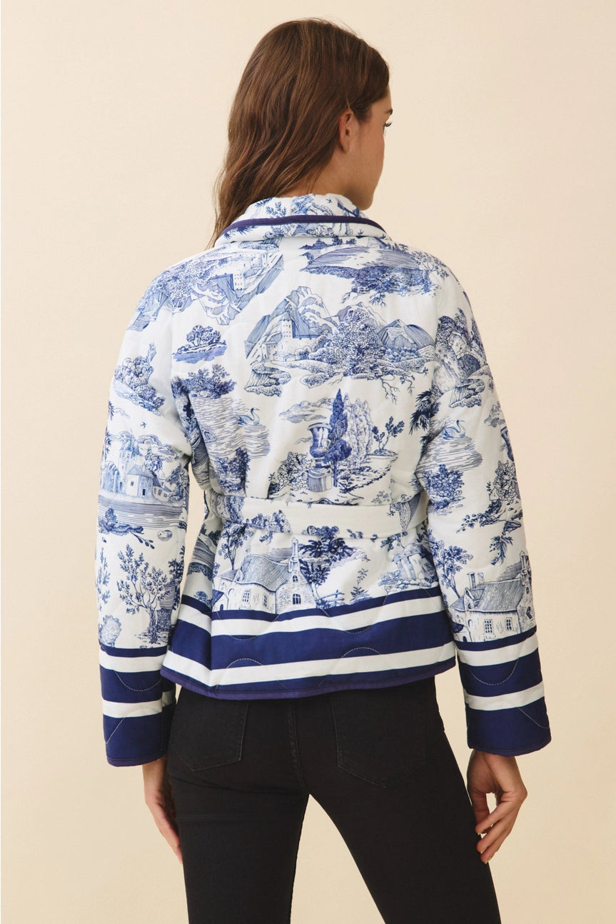 Toile Print Striped Accents Detachable Belt Jacket