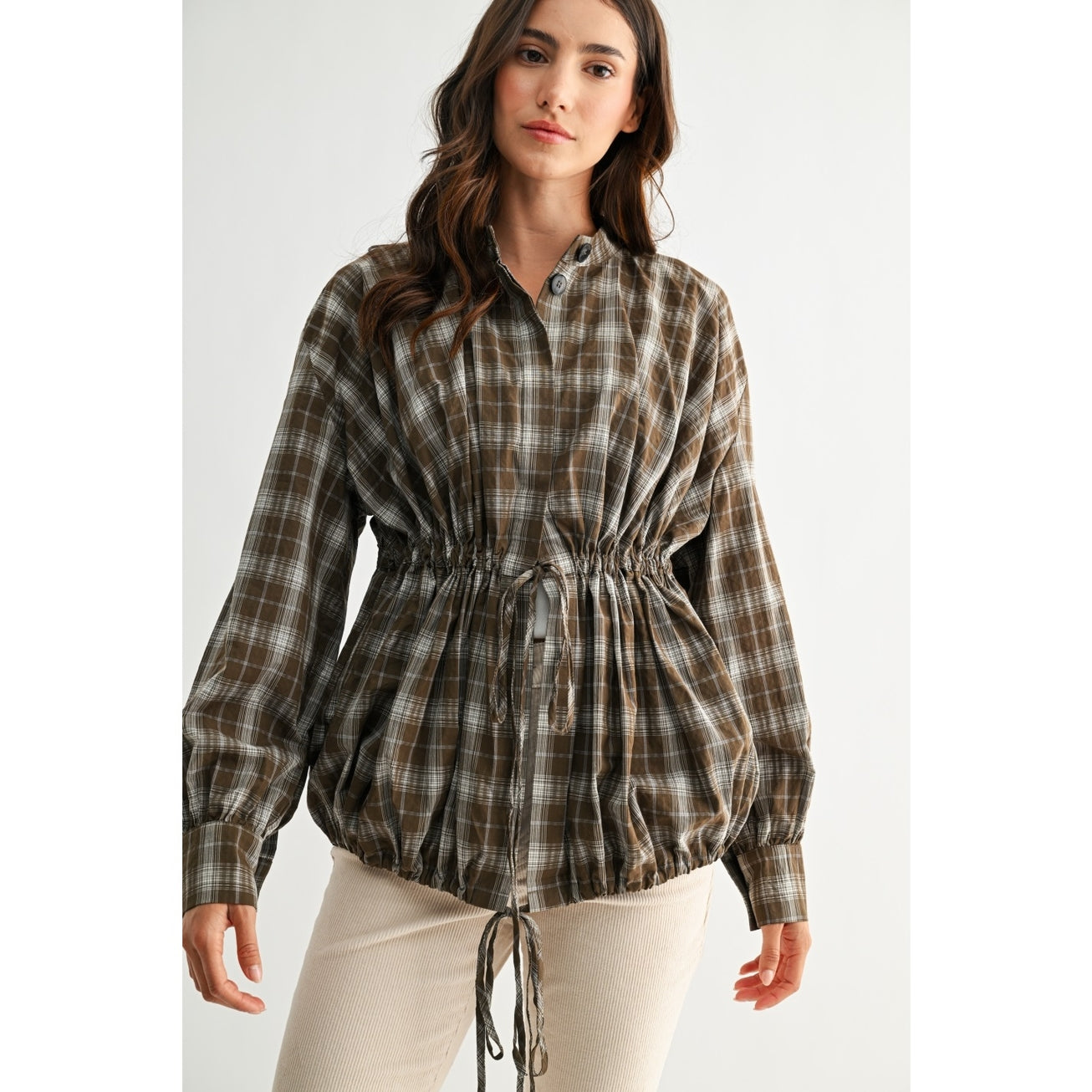 Olive Plaid Drawstring-Waist Jacket