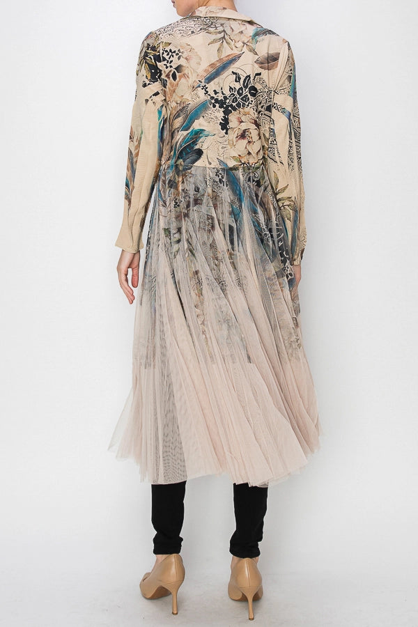 Blue Abstract Longline Blazer Jacket with Mesh Tulle Panel