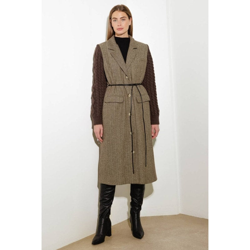 Tweed Sweater Knit Brown Combination Coat