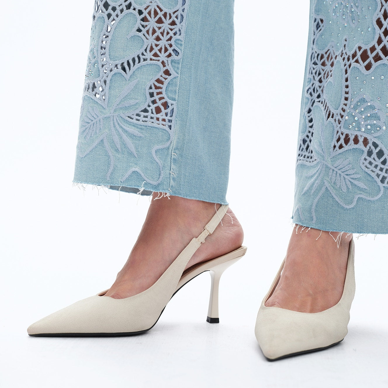High Rise Straight Leg Cutout Embroidered Jeans with Raw Hem