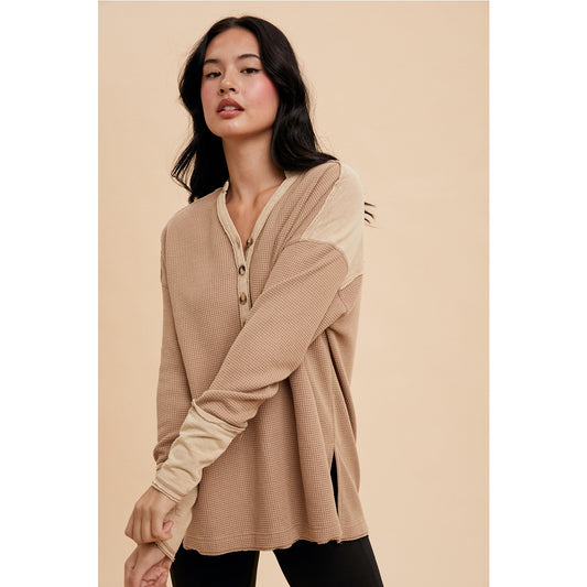 Taupe Garment Washed Thermal Henley
