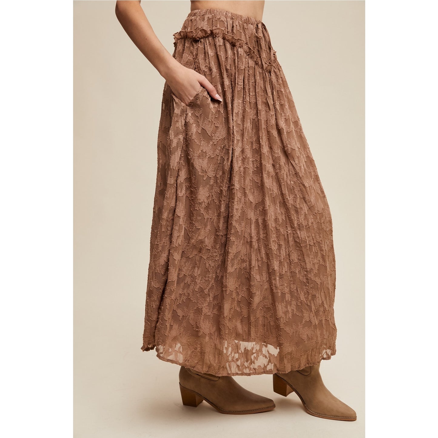 Brown Floral Textured Maxi Skirt