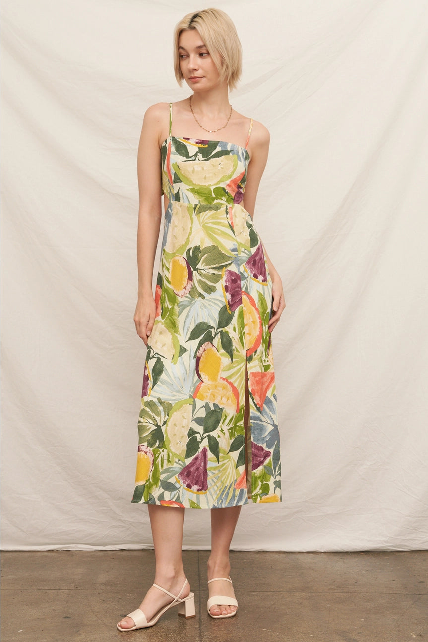 Tropical Fruit Print Sleeveless Midi Dress with Tie-Back