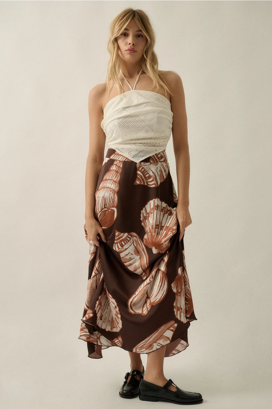Seashell-Print Satin A-Line Maxi Skirt