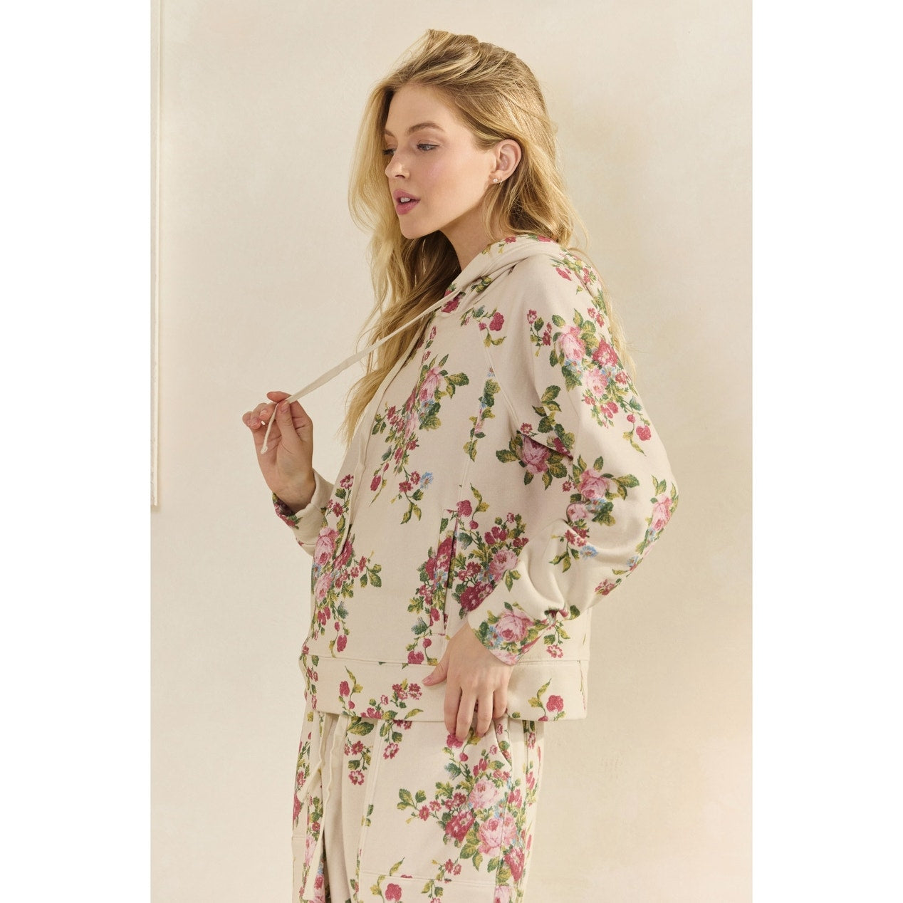 Beige Floral Printed French Terry Hoodie