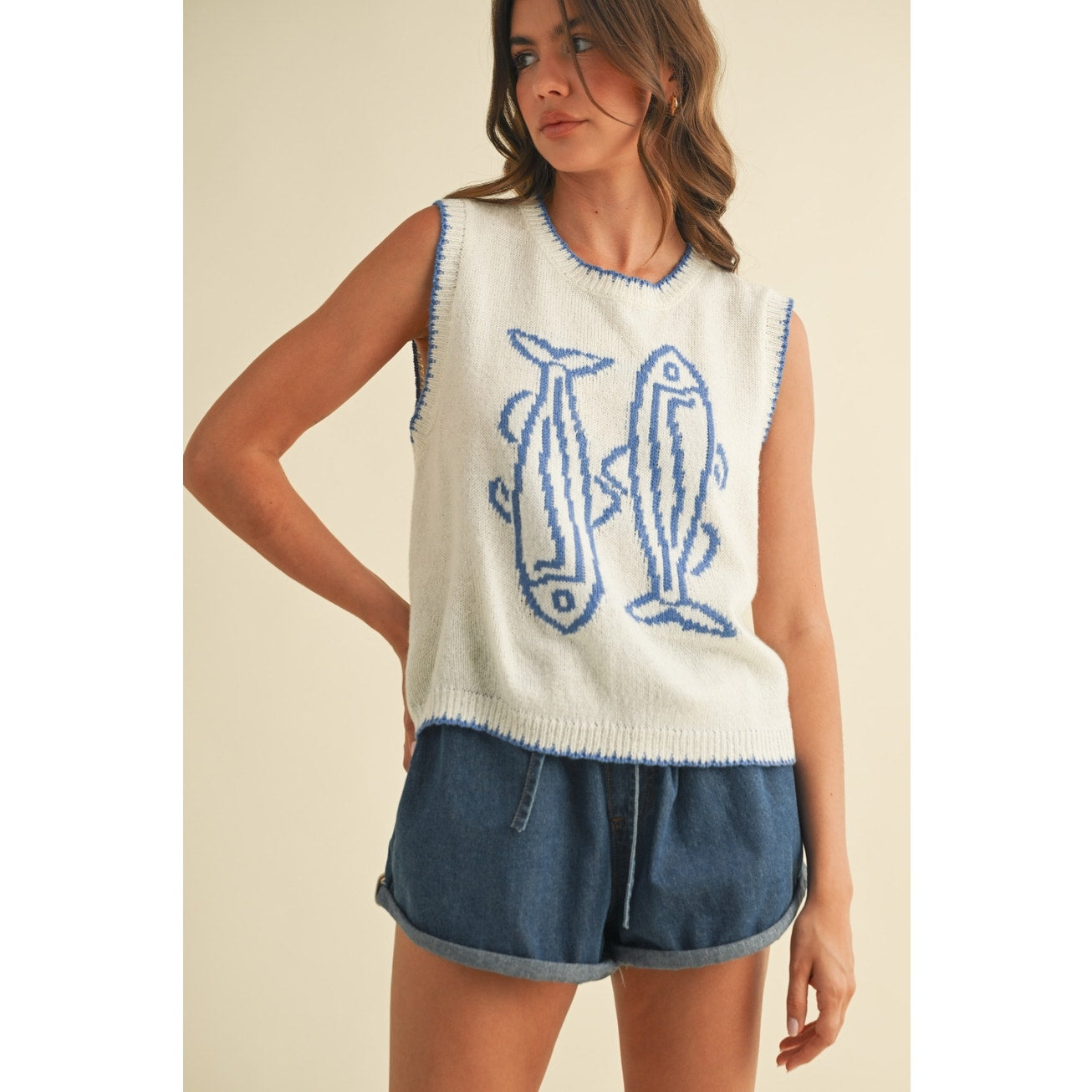 Blue & Cream Fish Printed Sleeveless Sweater Top