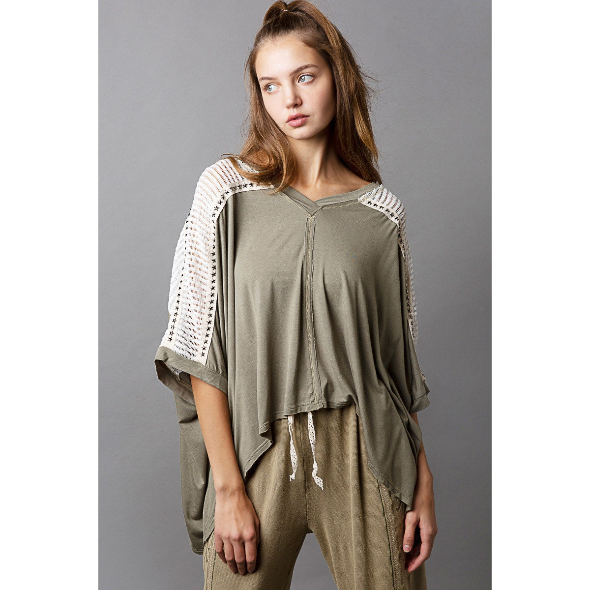 Olive Oversized V-Neck Crochet Lace Contrast Studded Top