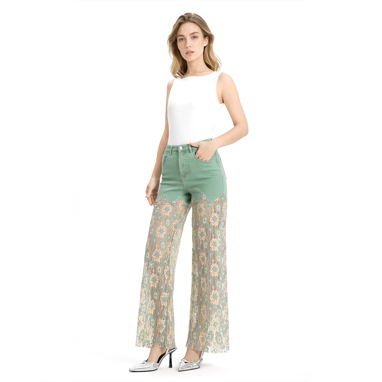 Emerald Green High Rise Lace Pants with Rhinestones