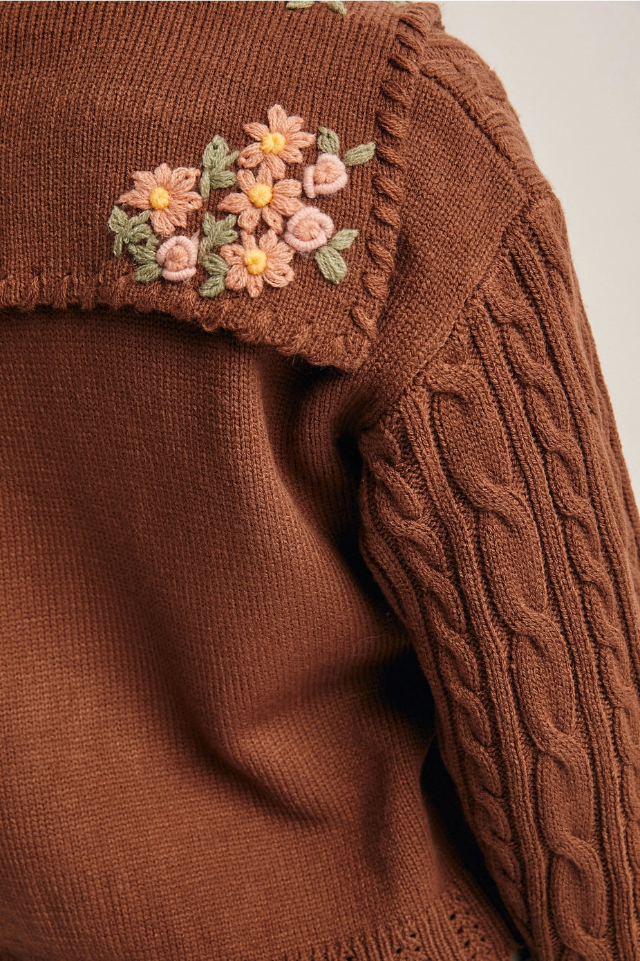 Mocha Cable Knit Embroidered Collar Cardigan