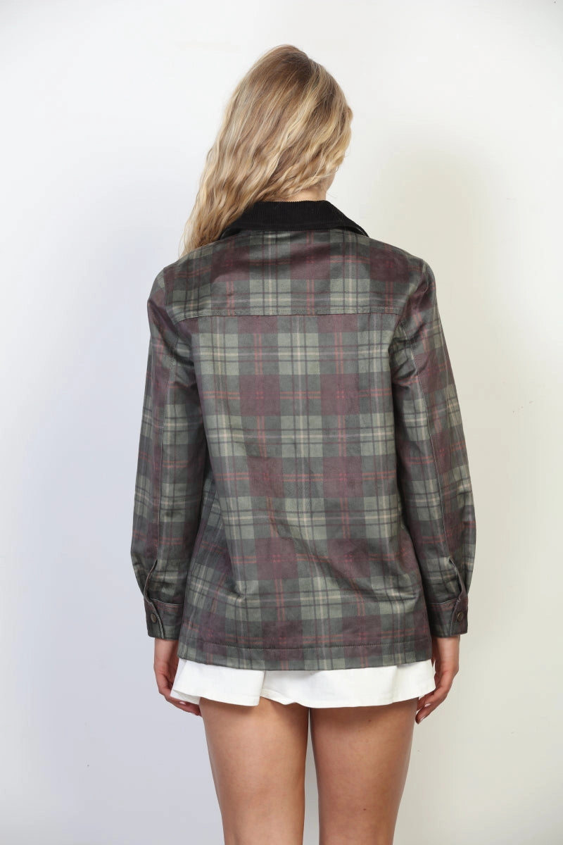 Plaid Waxed Corduroy Collar Barn Jacket
