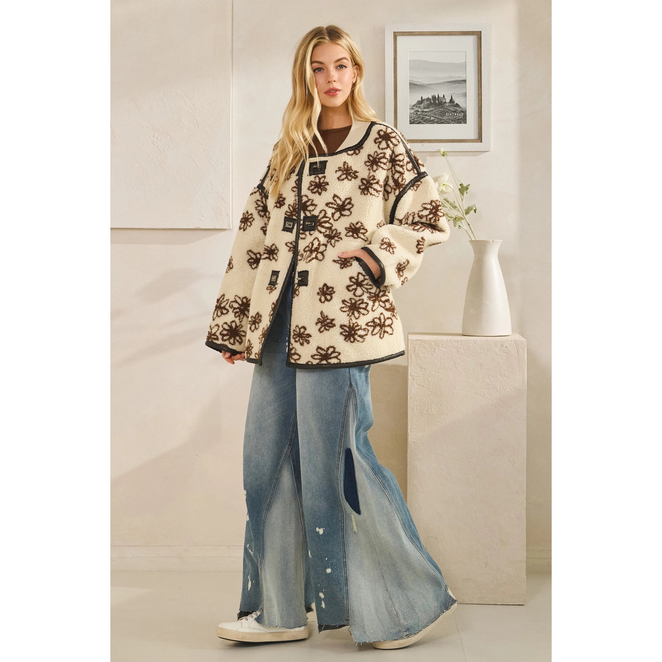 Oversized Floral Front Button Metal Clasp Jacket